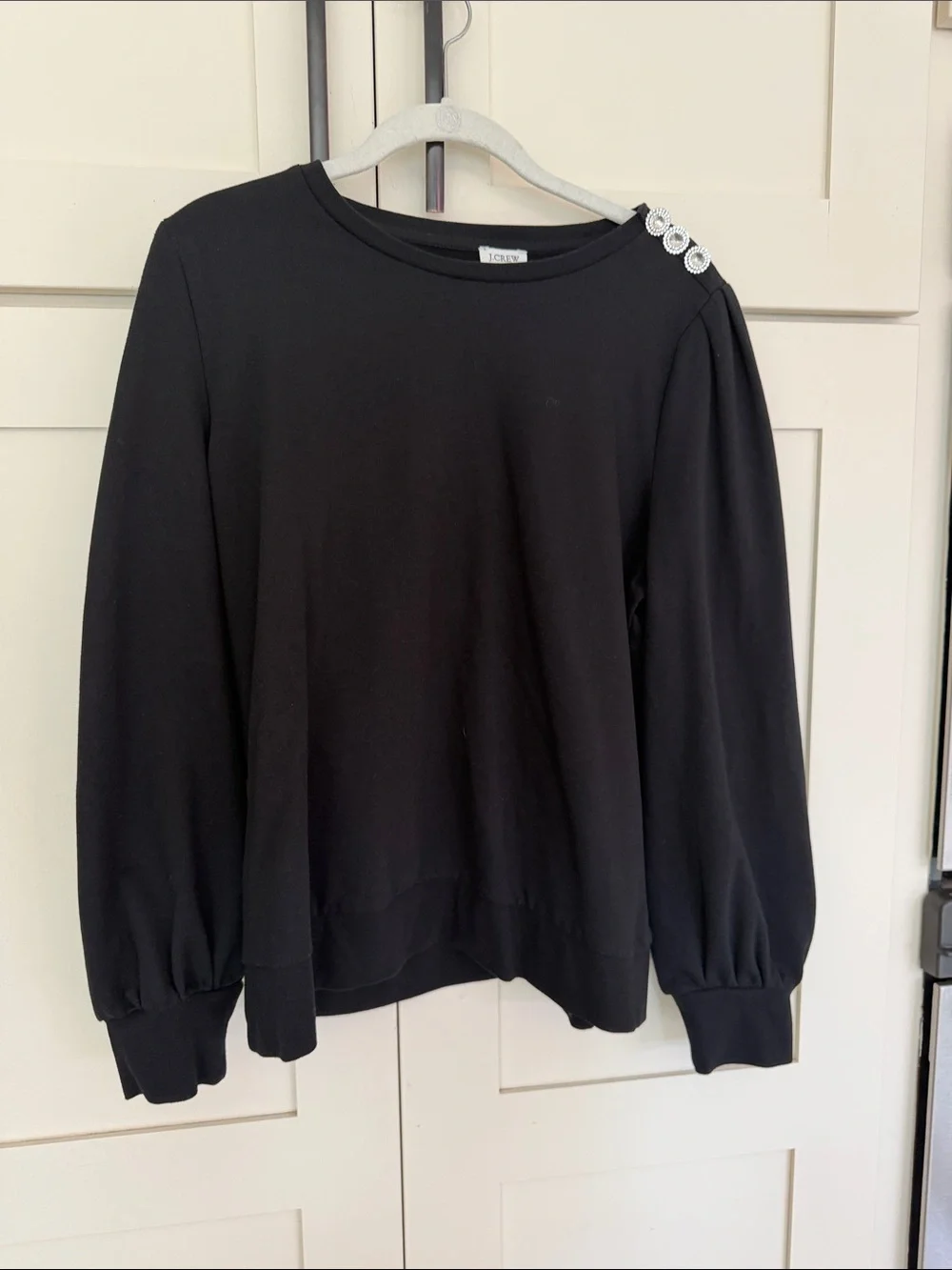 J. Crew Black Puff-Sleeve Sweatshirt with Decorative Shoulder Buttons